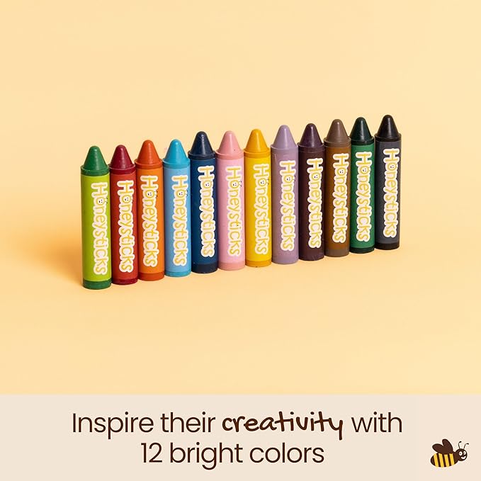 Honeysticks Super Jumbo Crayons (12 Pack) - Non Toxic Crayons for Kids - 100% Pure Beeswax and Food Grade Colors - For Toddlers 1-3, Unbreakable, Extra Large, Easy to Hold and Use, Eco-Friendly-BubblyBeeBaby