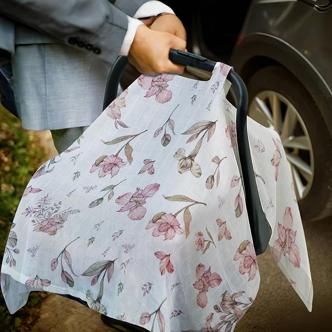 80S Muslin Car Seat Cover for Babies - Soft & Breathable Infant Carrier Canopy, Lightweight Sunshade for Summer, Universal Fit for Baby Boys & Girls-BubblyBeeBaby