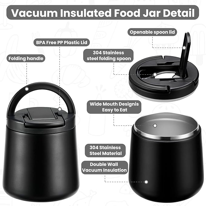 20oz Insulated Vacuum Food Jar with Buckle Lid,Soup Thermo for Hot Food Kids,Wide Mouth Leakproof Stainless Steel Lunch Container with Spoon-Black-BubblyBeeBaby