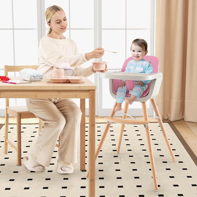 HONEY JOY High Chair, 3-in-1 Eat & Grow Wooden Highchair/Booster Seat/Toddler Chair with Removable Tray, 5-Point Harness, PU Cushion and Footrest for Baby, High Chair for Babies and Toddlers(Pink)-BubblyBeeBaby