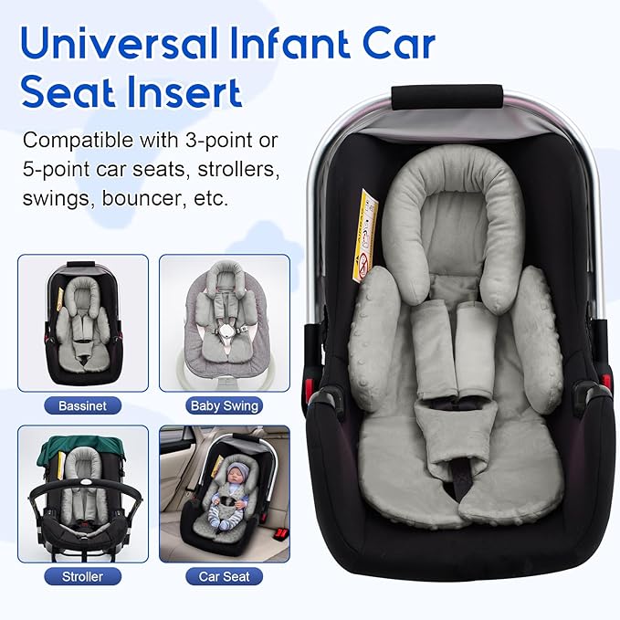 Baby Car Seat Head Support for Doona Stroller, Thickened Infant Carseat Head Support with 3 Strap Covers, Reversible Car Seat Insert for Newborn, Baby Car Seat Cushion with Filled Natural Cotton-BubblyBeeBaby