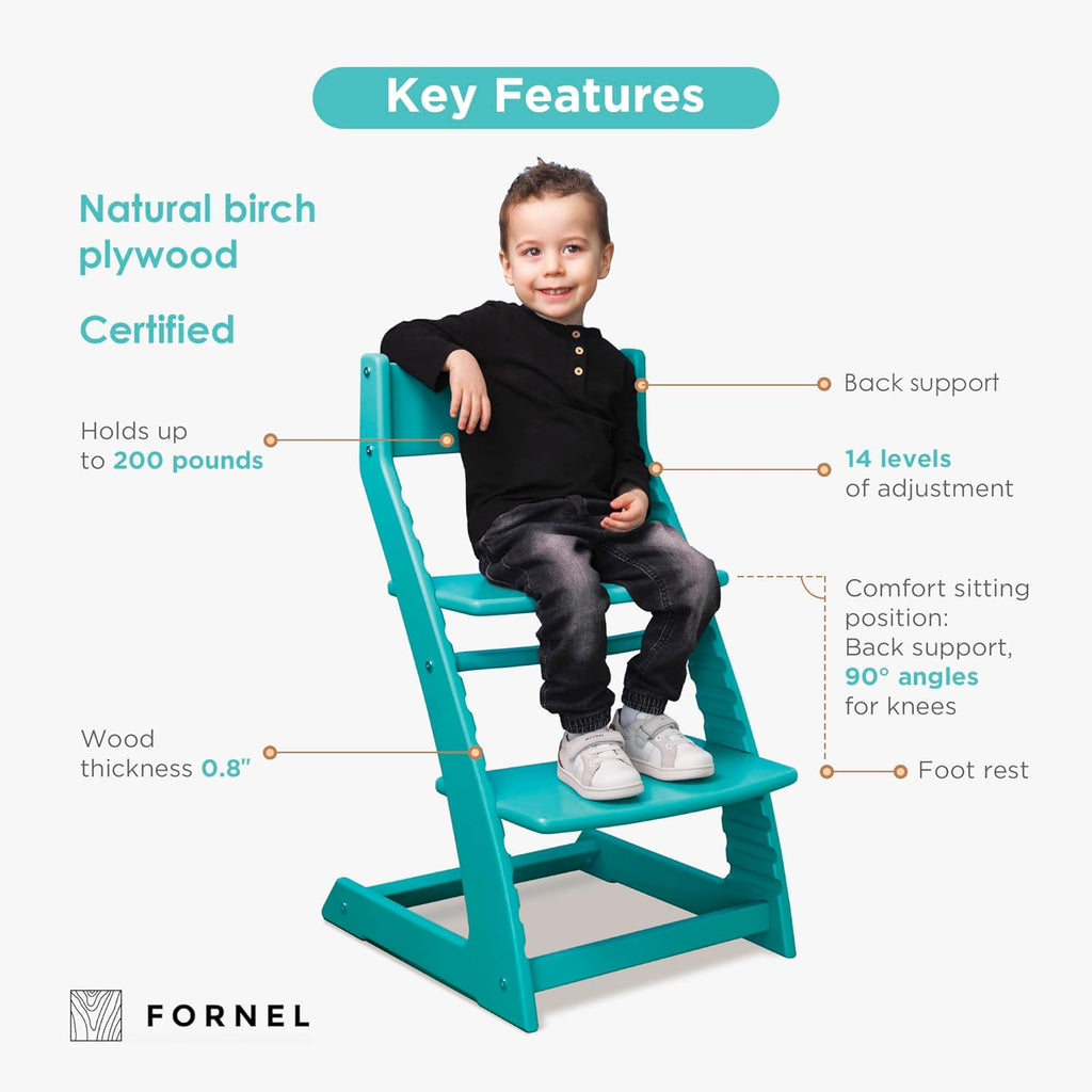 FORNEL Modern Wooden High Chair in Turquoise | The Adjustable Grow-with-Me Chair with a Stylish Pop of Color for Your Kitchen & Dining Room