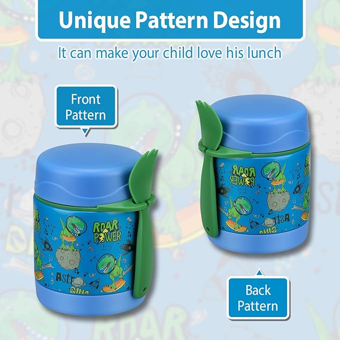10oz Soup Thermo for Hot Food Kids,Lunch Thermo Kids Food Jar with Spoon Hot Insulated Food Containers,Leak Proof Stainless Steel Wide Mouth Lunch Food Thermo Jar for School(Blue-Dinosaur)-BubblyBeeBaby
