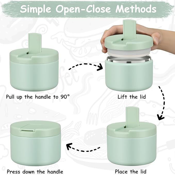 12oz Insulated Vacuum Food Jar with Buckle Lid Wide Mouth Soup Thermo for Hot Food Kids Leakproof Stainless Steel Lunch Container (Mint, 12OZ)-BubblyBeeBaby