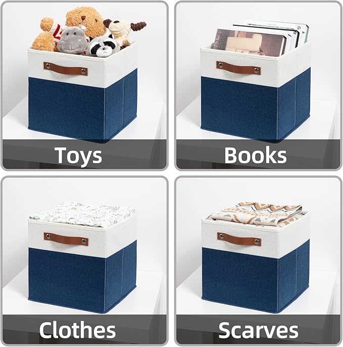 HNZIGE Cube Storage Bins Basket for Shelves Set of 4, Fabric Storage Cubes Baskets Closet Storage Bins for Cube with Handles, Cubby Storage Bins Baskets for Organizing Home and Office (White Blue)-BubblyBeeBaby