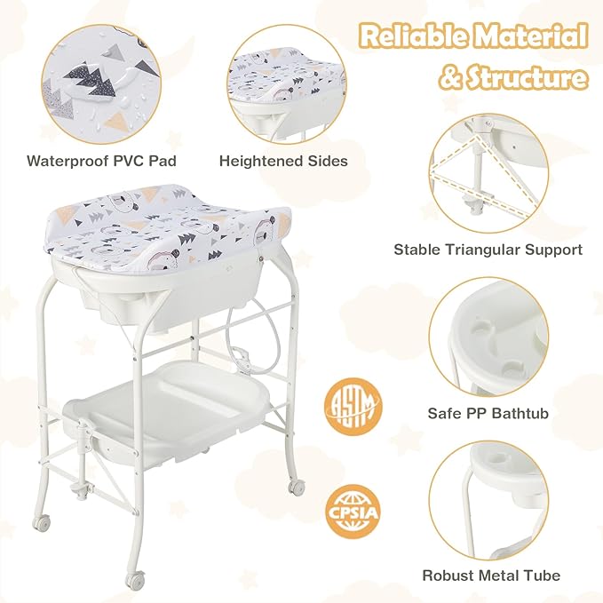 HONEY JOY Baby Changing Table with Bathtub, Foldable Infant Diaper Changing Station with Wheels, Storage Tray, Waterproof Pad, Portable Newborn Nursery Organizer Bath Stand for Boys Girls (White)-BubblyBeeBaby