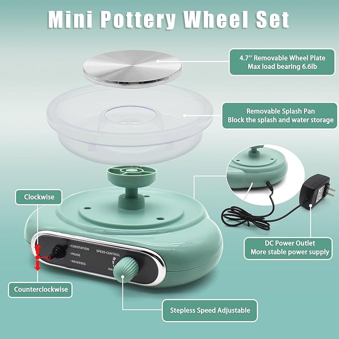 Hitish Mini Pottery Wheel, 4.7" Pottery Wheel for Kids Teens & Adults Beginners, Plug-in Motor, 1.32Lb Air Dry Clay, Crafts Kit for Home DIY, Ceramic Work & Art Creation, Clay Tools Included-BubblyBeeBaby