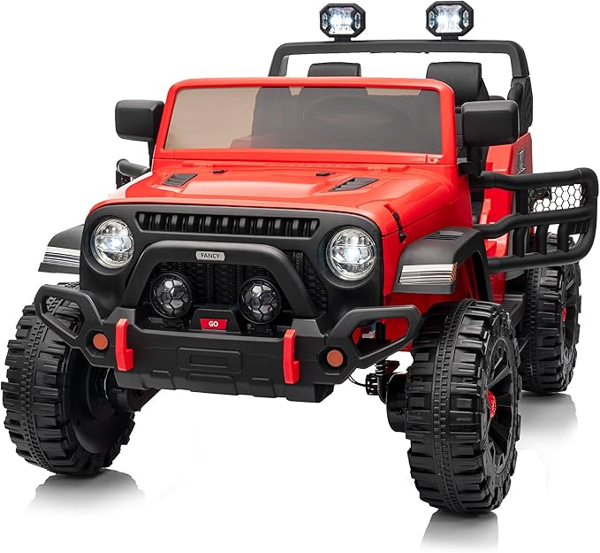 2 Seater Ride on Car Truck, 12V Kids Electric Ride on Toy for Big Kids Age 3-8 w/Remote Control- Red-BubblyBeeBaby