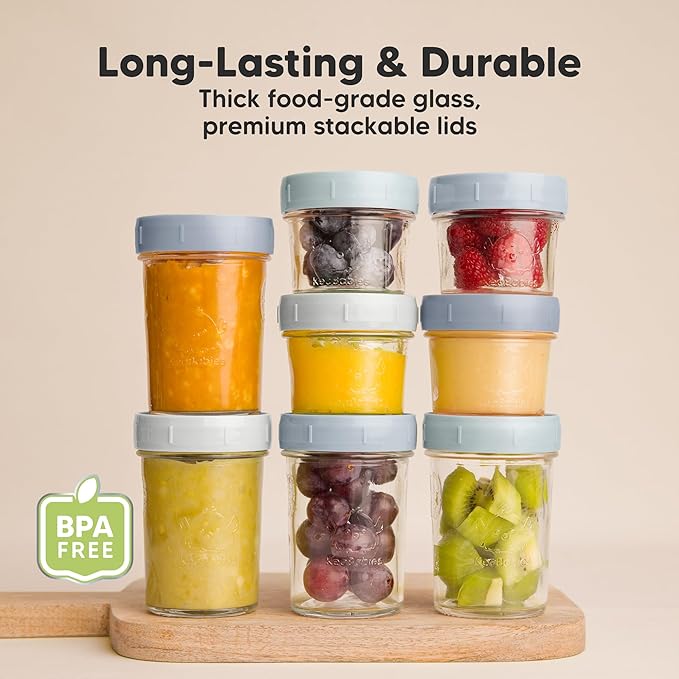 KeaBabies 4pk 8oz Glass Baby Food Containers with Lids - Leak-Proof, Microwavable Small Glass Jars, Baby Purees & Toddler Snack Storage Containers, BPA-Free, Dishwasher & Freezer Safe (Slate)-BubblyBeeBaby