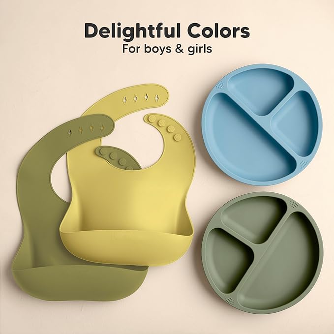 KeaBabies 2-Pack Silicone Baby Bibs for Eating - Sturdy Food-Grade Silicone Bibs for Babies Girl, Boy, Large Food Catcher, Clean & Put On Easily, Waterproof Toddler Feeding Essentials (Olives)-BubblyBeeBaby