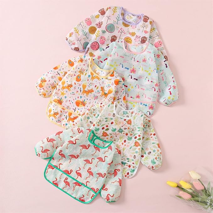 5 Pack Long Sleeve Bib,Baby Toddler Waterproof Sleeved Bib for 6-30 Months Reusable with Catch-all Pocket-BubblyBeeBaby