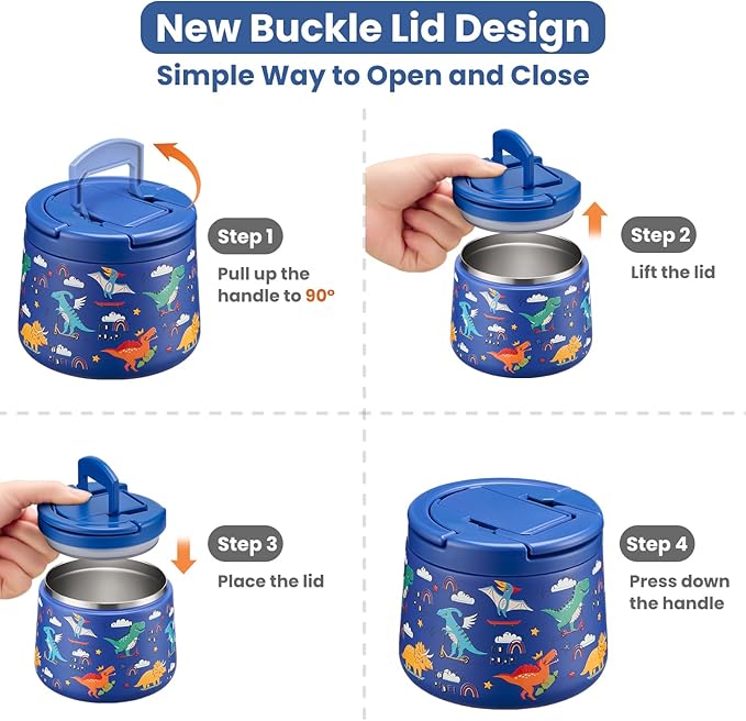 14oz Insulated Vacuum Food Jar with Buckle Lid,Soup Thermo for Hot Food Kids,Wide Mouth Leakproof Stainless Steel Lunch Container with Spoon-Dinosaur-BubblyBeeBaby