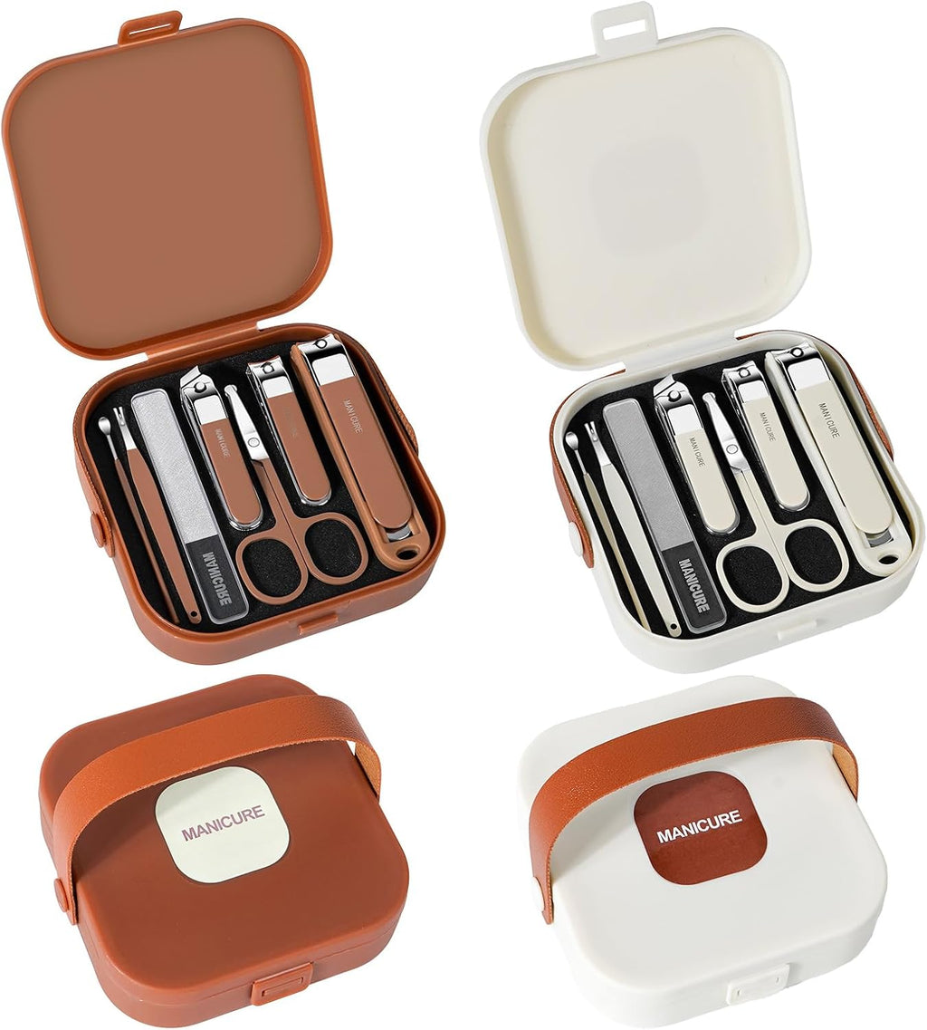 Nail Clippers and Beauty Tool Portable Set, Cuticle Nail Care Tools, 7pcs Stainless Steel Grooming Kit, Suitable for Home, Workplace, Outdoor Travel, Gift Giving, Salon., Beige+Brown