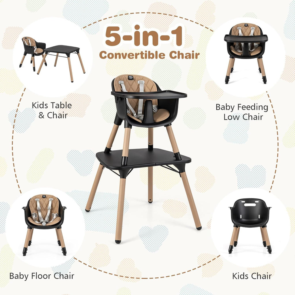 BABY JOY High Chair, 5 in 1 Convertible Highchair for Babies & Toddlers | Booster Seat | Table and Chair Set | Infant Feeding Chair with Removable Tray, Safety Harness, Removable Cushion (Brown)