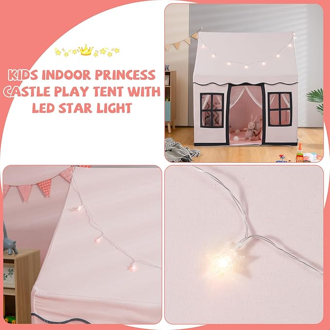 INFANS Kids Play Tent with Washable Mat Star Light Windows, Anti-Trip Large Playhouse Toys for Children Boys Girls, Indoor Outdoor Princess Tents Castle for Toddlers (Pink)-BubblyBeeBaby