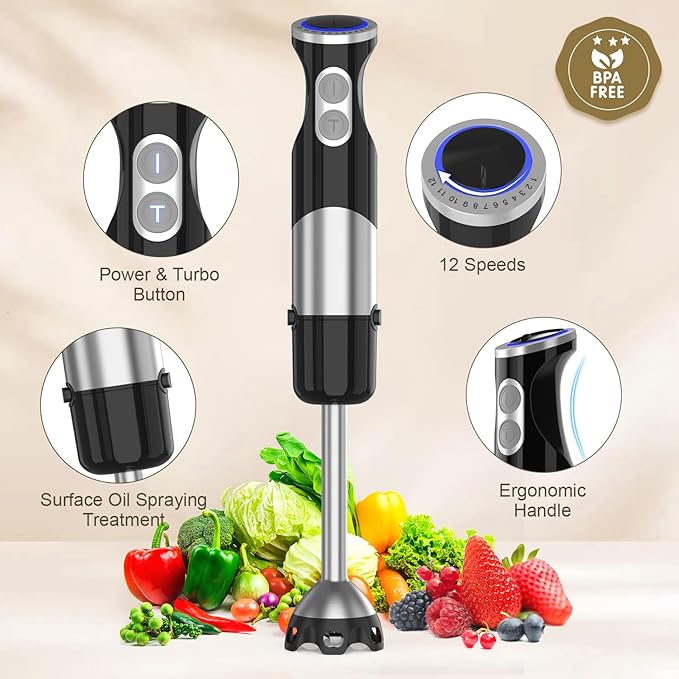Immersion Blender Handheld 5 in 1-1100W Scratch Resistant Blender Stick, 12 Speed and Turbo Boost Hand Blender with Chopper Beaker Whisk and Milk Frother for Milkshake Puree Smoothie Food-BubblyBeeBaby