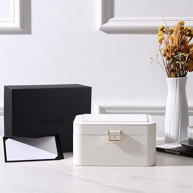 KAMIER Travel Jewelry Box, 2 Layers PU Leather Portable Jewelry Organizer, Large Capacity, Double Lock and Large Mirror, Hidden Necklace Hooks, Removable Dividers, Gift Box Packaging, White-BubblyBeeBaby