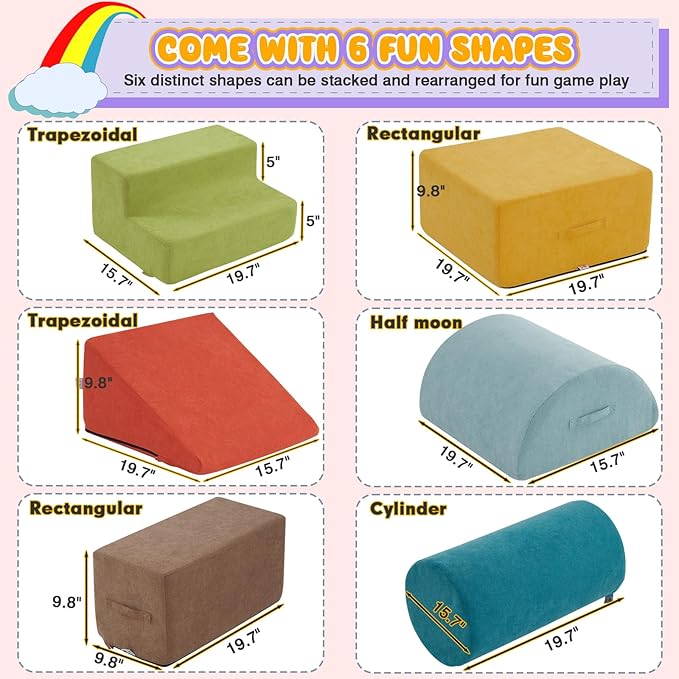 jela Foam Blocks 6Pcs Soft Play Equipment Luxury Miss Fabric, Toddler Climbing Toys Indoor Soft Play Climbing for Toddlers, Lightweight Climbing Blocks for Babies, Kids, Climb and Crawl Foam Playset-BubblyBeeBaby