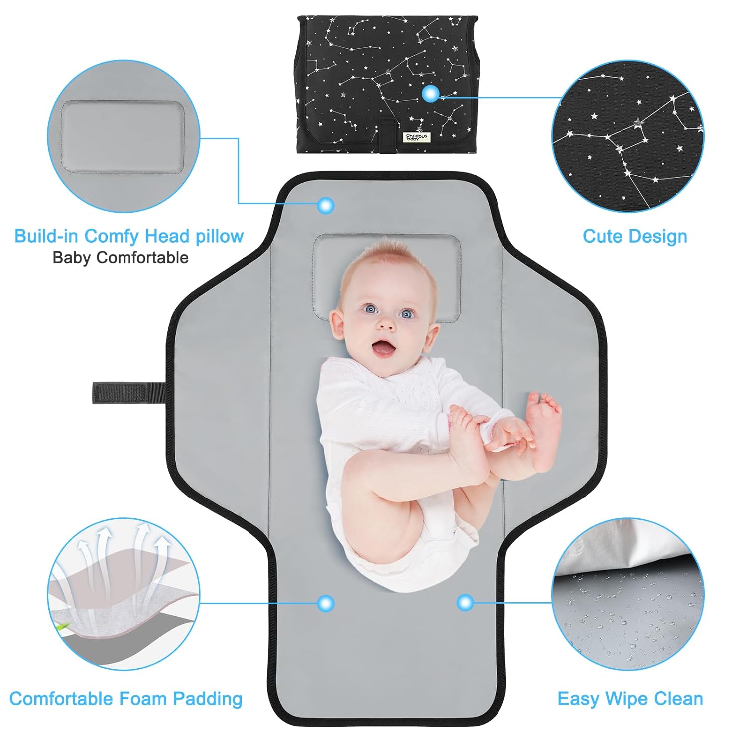 Portable Changing Pad Travel - Waterproof Compact Diaper Changing Mat with Built-in Pillow - Lightweight & Foldable Changing Station