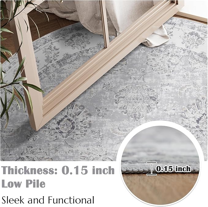 jinchan Round Rug 6ft Area Rugs Vintage Floral Distressed Design - Machine Washable Non-Slip Low-Pile Ultra-Thin Circle Rug for Entryway Bedside Living Room Dining Room Bedroom (6' Round,Grey)-BubblyBeeBaby