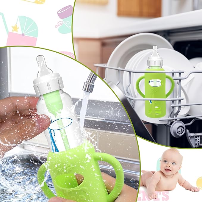 4 Pack Silicone Sleeves for Dr. Brown's Glass Baby Bottles - Drop Protection Baby Bottle Sleeves,Compatible with Dr. Brown's Newborn Glass Bottles,with Silicone Handles,8 oz-BubblyBeeBaby