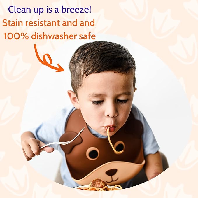 Silly Goose Silicone Animal Baby Bibs for Babies and Toddlers, Waterproof, Adjustable, Soft, Extra Wide Food Catcher Pocket (Baby Bear)-BubblyBeeBaby