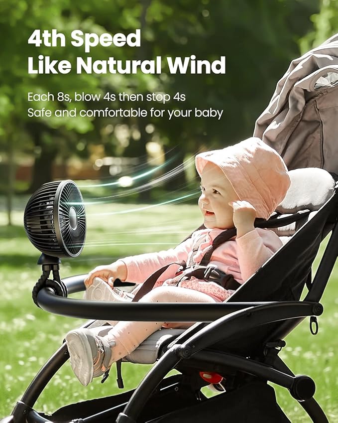 Gaiatop Baby Stroller Fan, 4000mAh Oscillating Mini Portable Fan with Light, 4 Speeds Battery Operated Small Handheld Desk Fan, 360° Rotate Flexible Tripod Clip On Fan for Car Seat Crib Travel Black-BubblyBeeBaby