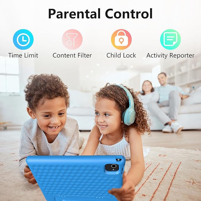 JREN Tablet for Kids｜10 Inch Kids Tablet Android 14｜Octa-core｜64GB｜WiFi ｜Bluetooth｜Parental Control｜Children Content｜Children Toddler Blue-BubblyBeeBaby