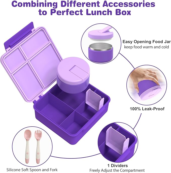 Kids Bento Lunch Box with 8oz Soup Thermo, Water Bottle, Kids Leakproof Lunch Food Containers with 4 Compartment, Insulated Hot Food Jar with Lunch Bag for School, Trvael (Purple)-BubblyBeeBaby