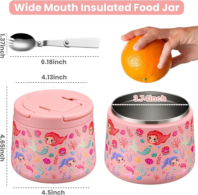 14oz Insulated Vacuum Food Jar with Buckle Lid,Soup Thermo for Hot Food Kids,Wide Mouth Leakproof Stainless Steel Lunch Container with Spoon-Mermaid-BubblyBeeBaby