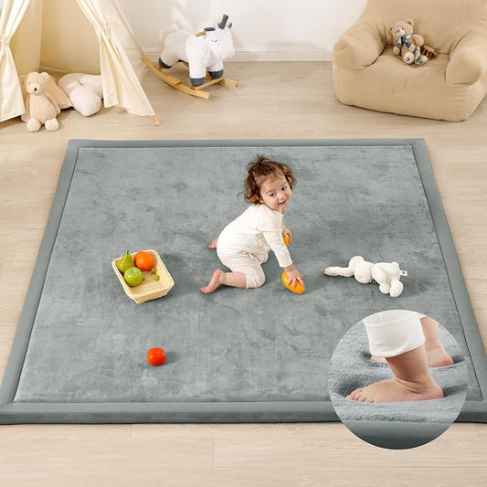 1.3" Thick Baby Play Mat for Floor, 79x118 Large Foam Tummy Time Mat, Padded Support Soft Plush Nursery Rug for Infant Kids Toddler Crawling Kick Activity (Light Grey)-BubblyBeeBaby
