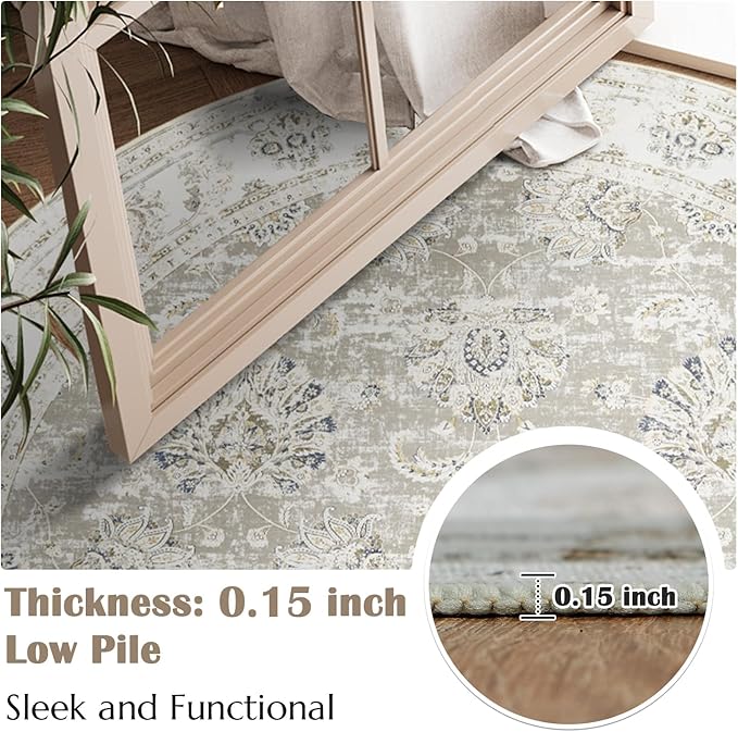 jinchan Round Rug 4ft Area Rugs Vintage Floral Distressed Design - Machine Washable Non-Slip Low-Pile Ultra-Thin Circle Rug for Entryway Bedside Living Room Dining Room Bedroom (4' Round,Taupe)-BubblyBeeBaby