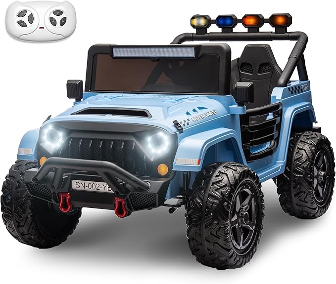 24V 2 Seater Ride On Truck with Remote Control 4WD Electric Car for Kids Ride On Car Battery Powered Ride On Toy Car with Music Player, LED Lights, Bluetooth, Rear Shock Absorber, Gray Blue-BubblyBeeBaby