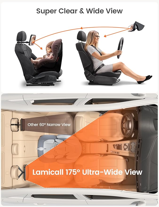 Lamicall Baby Car Mirror for Backseat - [2025 Safest Triangle Hook Clip] Acrylic Car Seat Mirror for Rear Facing, 360° Rotation & Wide Clear View, 3S Quick Install, Newborn Baby Essentials Accessories-BubblyBeeBaby