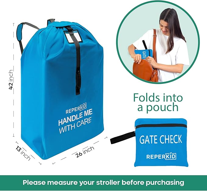reperkid Medium Stroller Bag for Airplane Travel, Blue, 42" H x26 W x13 D, Fits Most Single Strollers Including Jogging & Standard Models – Premium Waterproof Cover, Adjustable Shoulder Straps-BubblyBeeBaby