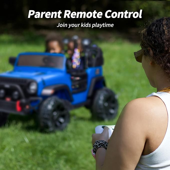 2 Seater Ride on Car Truck, 12V Kids Electric Ride on Toy for Big Kids Age 3-8 w/Remote Control- Blue-BubblyBeeBaby