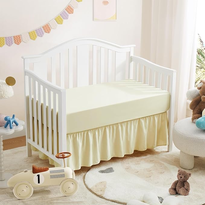 Horbaunal 2 Pack Crib Skirt & Crib Bed Sheet Set, Cream Crib Bed Skirt 28" x 52" with 14" Drop Dust Ruffle, Soft Microfiber Toddler Bedskirt Nursery Bedding Skirt for Baby Girls and Boys-BubblyBeeBaby