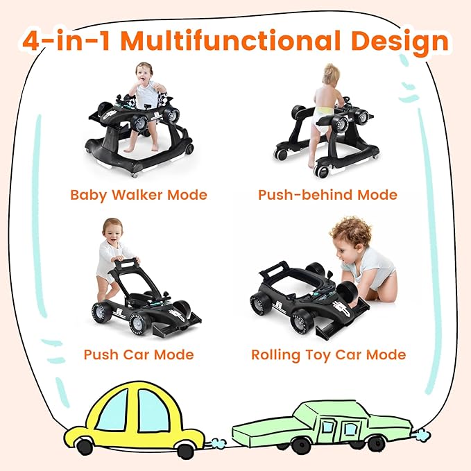 HONEY JOY 4-in-1 Baby Walker, Activity Push Walker w/3 Adjustable Heights, Smooth Wheels w/Adjustable Speed, Padded Seat, Music & Light, Foldable Car Walker for Baby Boys Girls Age 6 Months+ (Black)-BubblyBeeBaby
