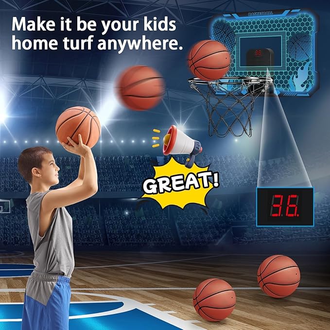 Indoor Basketball Hoop for Kids with Led Lights Mini Basketball Hoop with Remote Control Over The Door Basketball Hoops with Scoreboard Basketball Toys for 4-12 Year Old Boys Girls-BubblyBeeBaby
