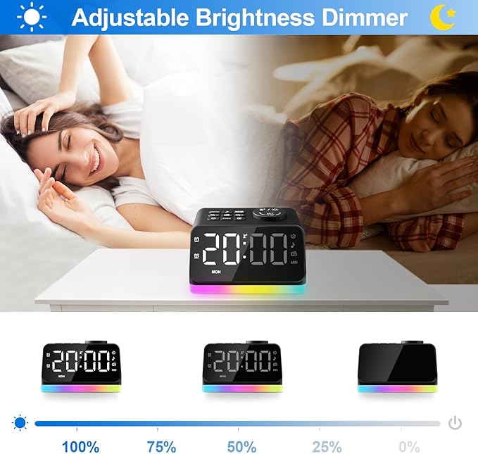 JALL Digital Alarm Clock with FM Radio for Bedroom, 8 Colors Night Light with Charging Port, Sleep Sound Machines with Timer, Dual Alarm (Black with RGB Font)-BubblyBeeBaby