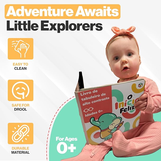 Happy Start Award-Winning High Contrast Board Book - Newborn Black & White Baby Cards, Easy to Clean, Hospital Approved, Stands on Its Own, Tummy Time Toy, Ages 0+ (Portuguese)-BubblyBeeBaby