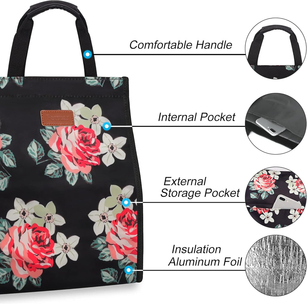 Lunch Bags for Women Insulated Reusable Lunch Tote with Internal Pocket, Lunch Tote bag for Work (Flower)