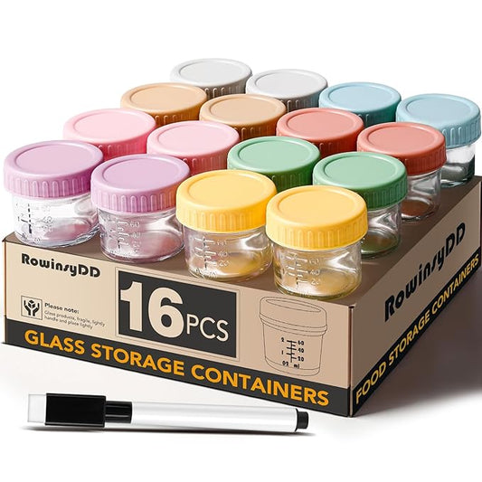 16 Pack Glass Baby Food Storage Containers, 4 oz Leakproof Baby Food Jars with Lids, Small Glass Food Containers for Infant Baby, Freezer & Microwave Safe, BPA Free-BubblyBeeBaby