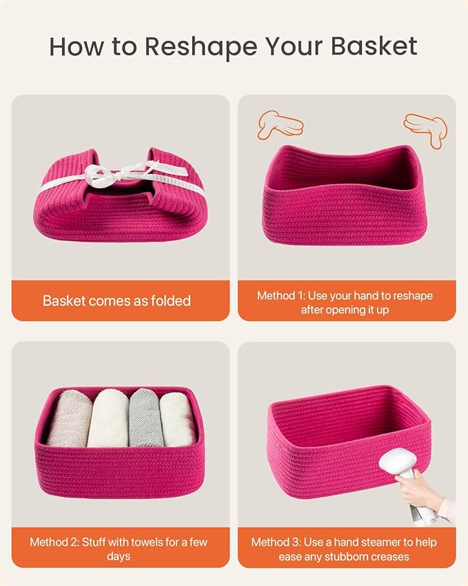 KALLAX Small Woven Basket, 12 x 8 x 4.5 Inches, Storage Basket for Organizing, Cute Small Rope Shelf Closet Cube Storage Bins Baskets for Shelves, Dog Toy Gift Baskets Empty, 3 Packs, Hot Pink-BubblyBeeBaby