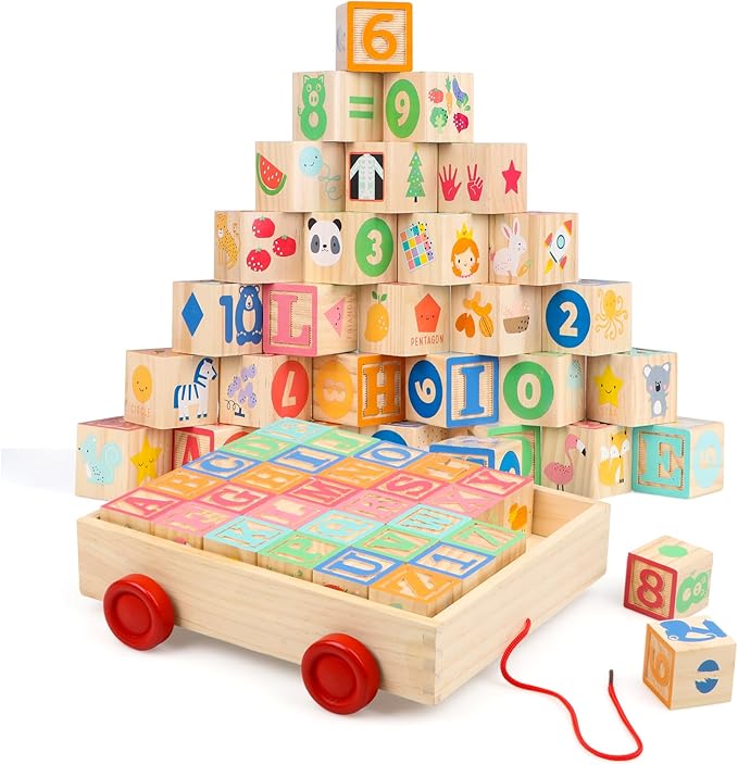 Joqutoys Wooden Building Blocks for Toddlers 1-3, Large Wood Baby Stacking Blocks Set for Kids, 30 PCS Alphabet Blocks with Toy Wagon, Educational Wooden Toys for Boys Girls Gifts 1.65"-BubblyBeeBaby