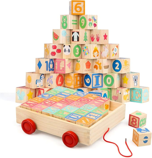Joqutoys Wooden Building Blocks for Toddlers 1-3, Large Wood Baby Stacking Blocks Set for Kids, 30 PCS Alphabet Blocks with Toy Wagon, Educational Wooden Toys for Boys Girls Gifts 1.65"-BubblyBeeBaby
