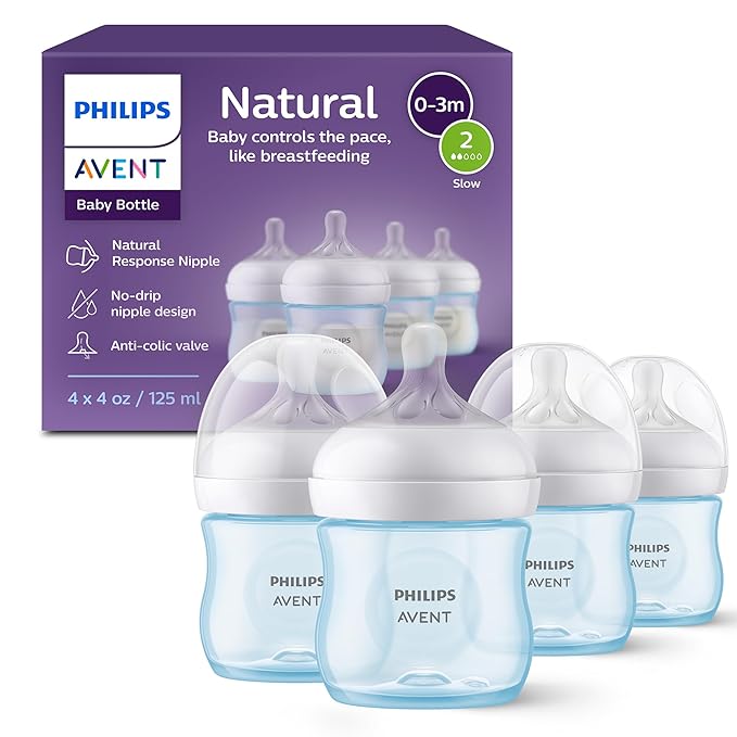 Philips Avent Natural Baby Bottles with Natural Response Nipples (Slow Flow, Flow 2), 4oz, Blue, 4-Pack, SCY900/24-BubblyBeeBaby