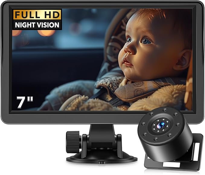 7" Baby Car Camera, FHD IR Night Vision Baby Car Mirror - IPS Display Rear Facing Monitor with 178° Wide Angle, Safe Driving for New Parents, Infants, Kids & Toddlers-BubblyBeeBaby