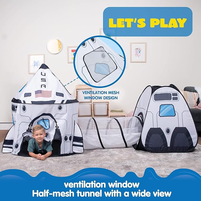 JOYIN White Rocket Ship Pop up Play Tent with Tunnel and Playhouse Kids Indoor Outdoor Spaceship Tent Set-BubblyBeeBaby