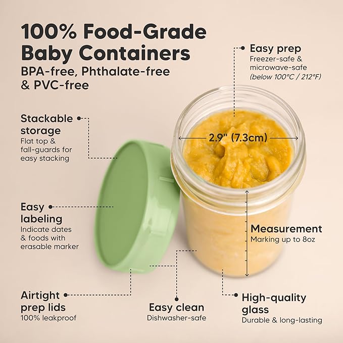 KeaBabies 4pk 8oz Glass Baby Food Containers with Lids - Leak-Proof, Microwavable Small Glass Jars, Baby Purees & Toddler Snack Storage Containers, BPA-Free, Dishwasher & Freezer Safe (Nord)-BubblyBeeBaby